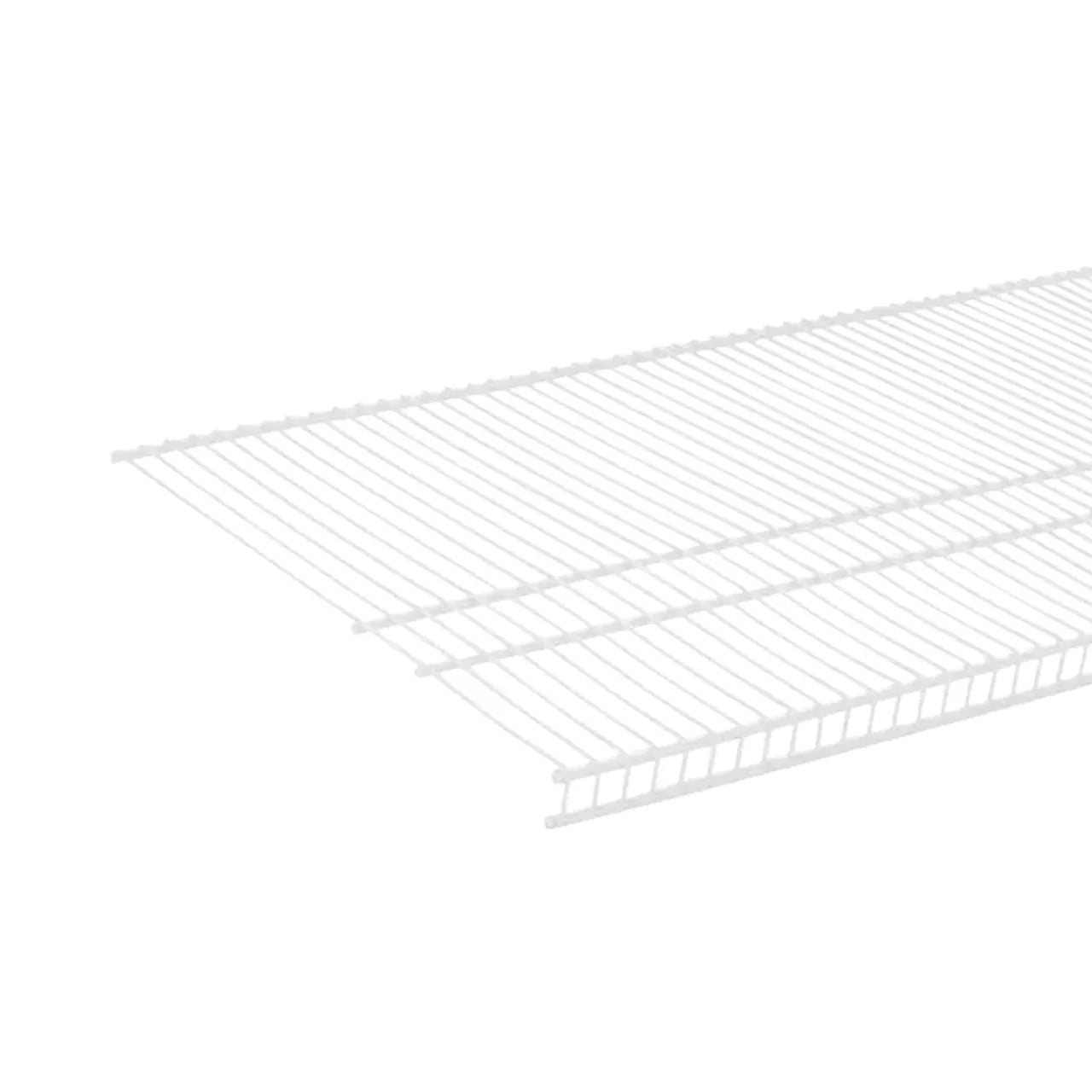 The Go Build 20 in. x 6 ft. Heavy Duty Wire Shelf in white is displayed against a plain background, angled to show its slim horizontal bars and sturdy vertical supports.